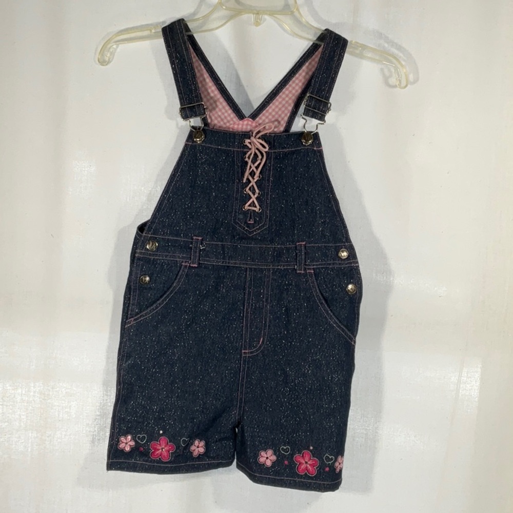 Girls Dark Blue Denim Flower Embroidered Overalls
